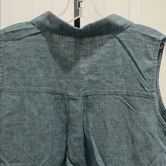 EILEEN FISHER Sleeveless Button Front Shirtdress Washed Organic Linen Blue SZ PL